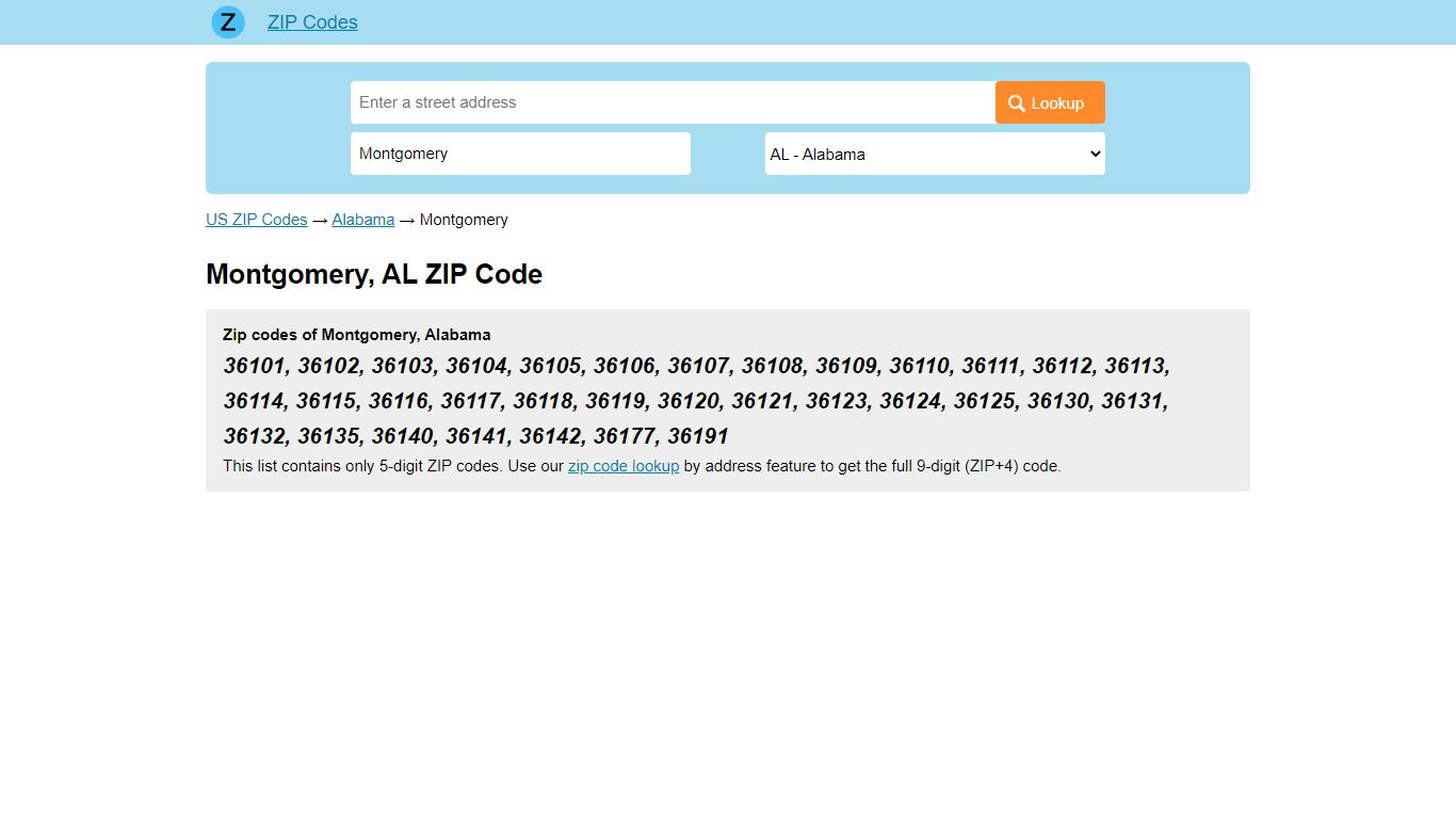 Montgomery, Alabama ZIP Codes