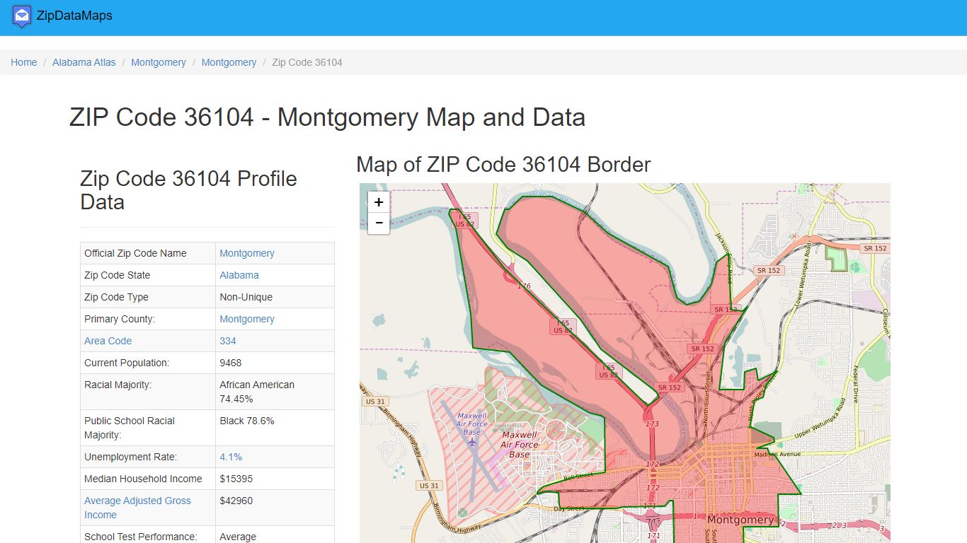 Zip Code 36104 - Montgomery AL Map, Data, Demographics and More ...